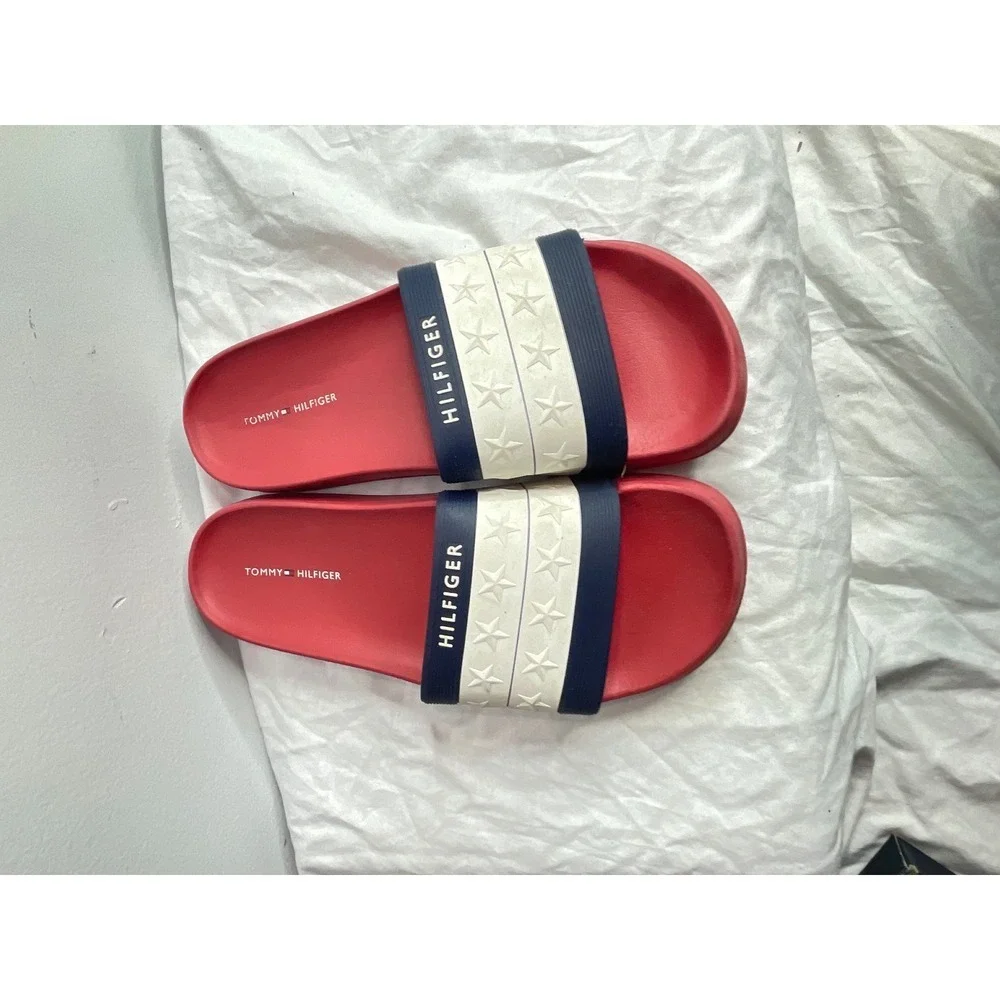 Tommy Hilfiger Red Slides Sandals Stars Flag Print Men's Size 8